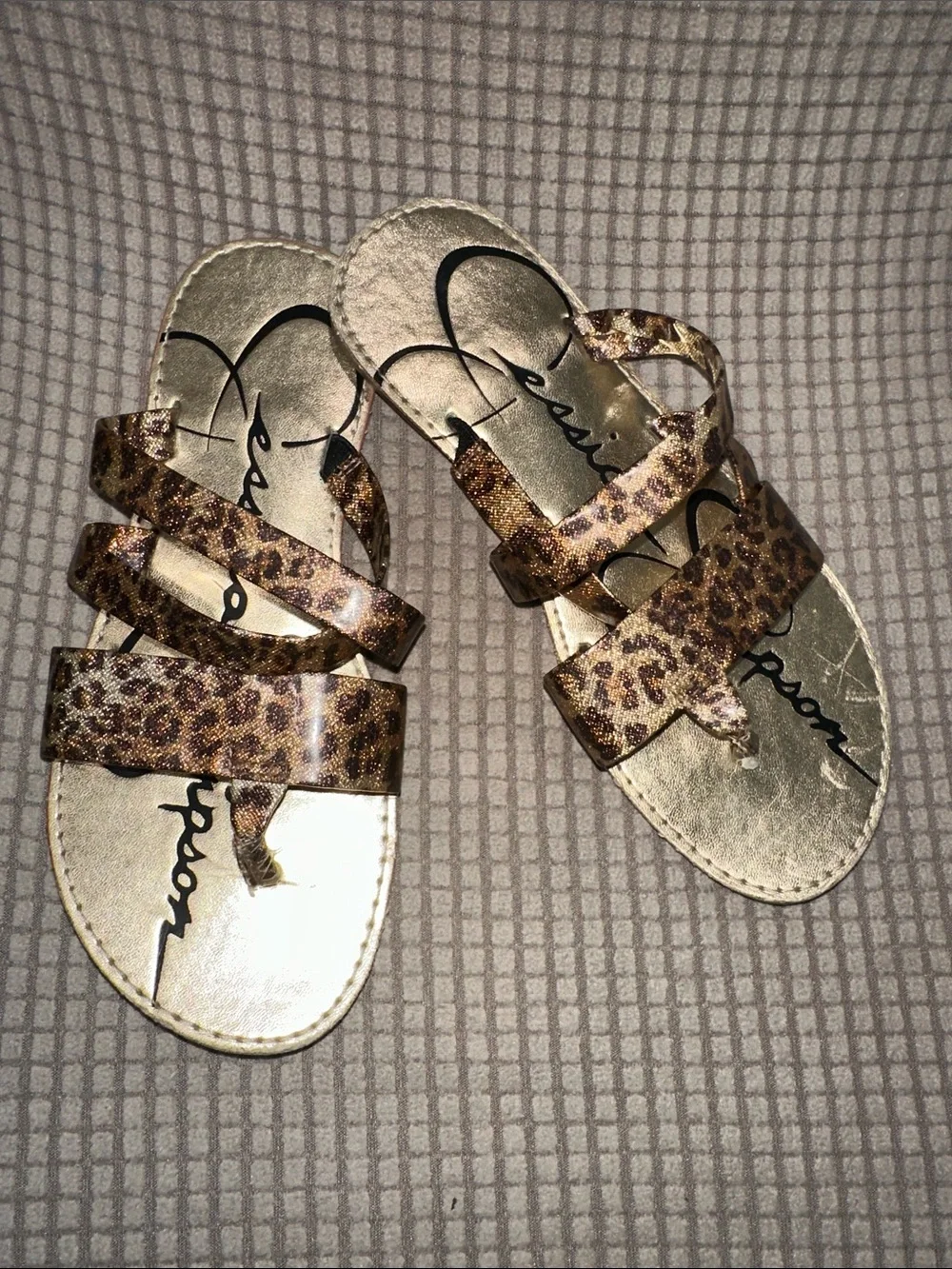 Girls 13M Jessica Simpson Leopard Print Triple-Strap Slide Sandals - Gold